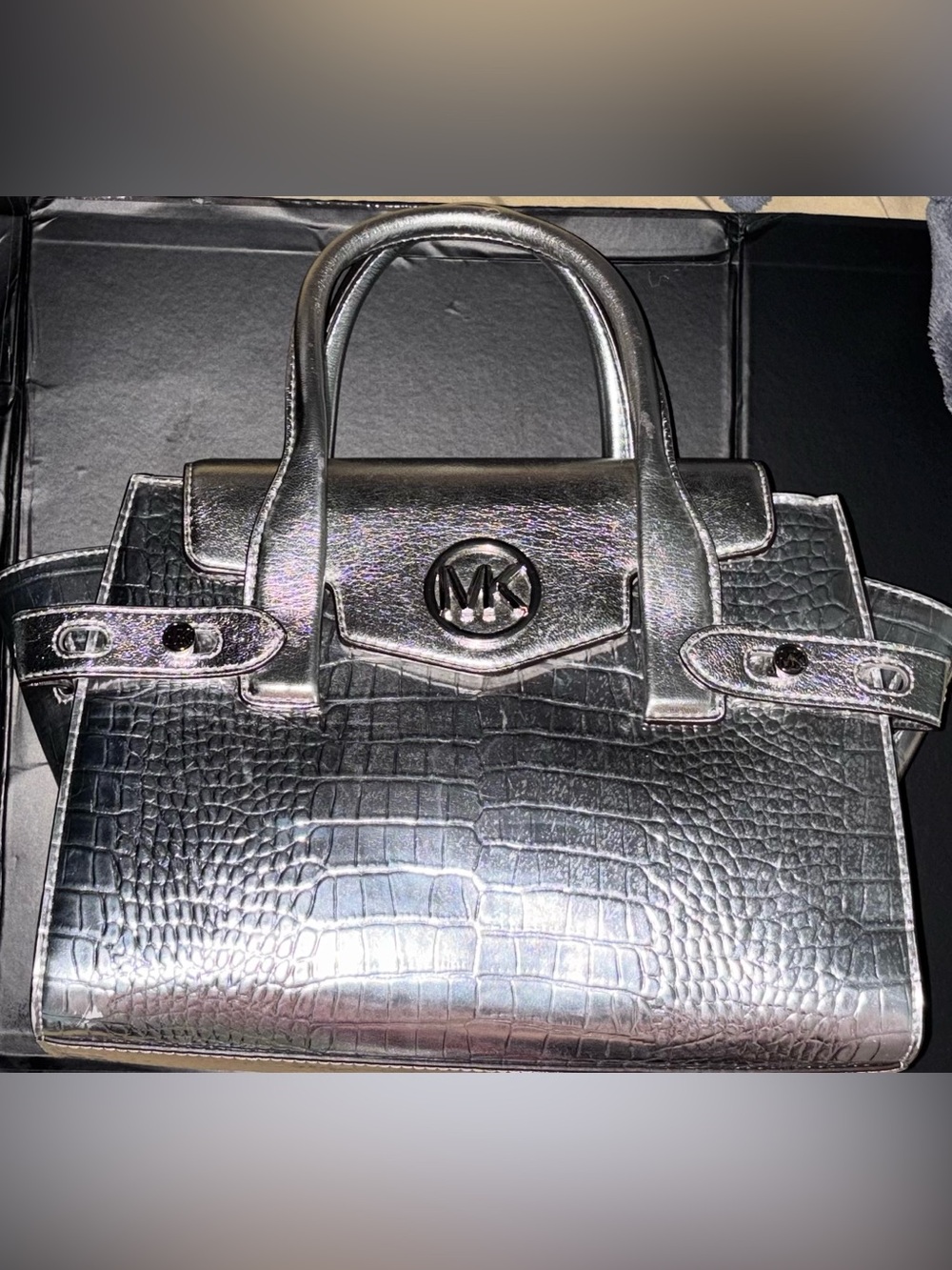Michael Kors Metallic Silver Croc-Embossed Satchel 8x11